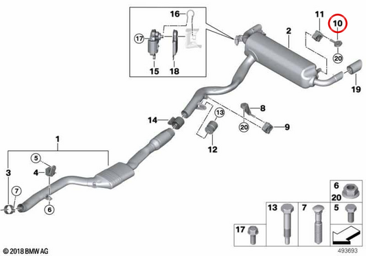 Soporte silenciador trasero izquierdo OEM 18307933854 para BMW G20, G21, G28, G22, G23, G26, G70. Original BMW.