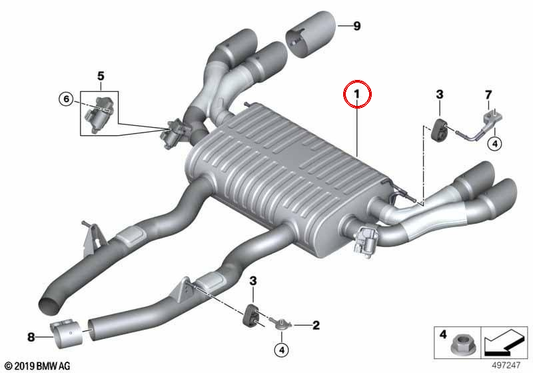 Silenziatore posteriore con valvola di scarico per BMW X3 F97, F97N (OEM 18308093532). BMW originale.