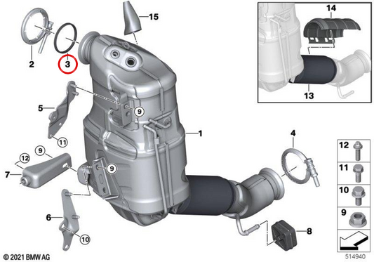 OEM Sceal Washer 18308471785 pour BMW F70, U06, G60, G61, U11, U10, G45, U25. BMW d'origine.