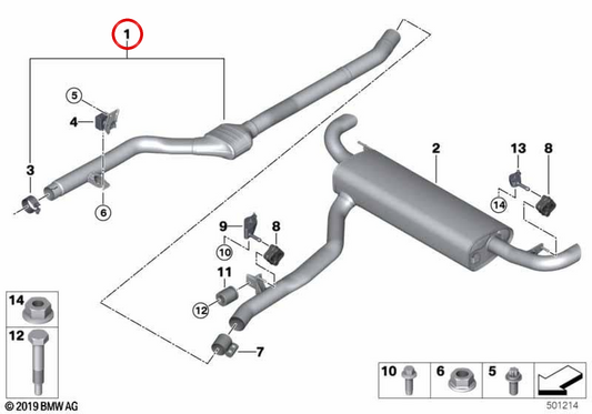 Silenciador dianteiro OEM 18308475364 para BMW G05, G06. BMW genuíno.