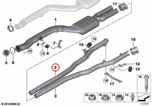 Tubo intermediário OEM 18308509097 para BMW F10, F11, F06. BMW genuíno.