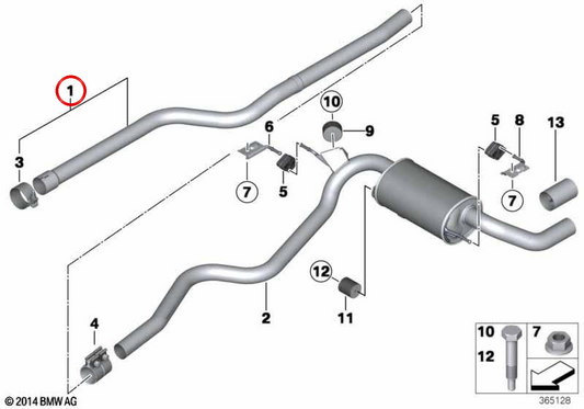 Pipe d'échappement avant 18308514424 pour BMW F20, F21, F22, F30, F31, F32, F36. Compatible avec les versions diesel N47. Partie du système d'évasion. BMW d'origine.