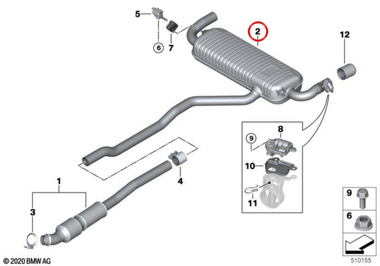 Additional exhaust silencer with exhaust valve OEM 18308669136 for MINI Clubman F54 JCW ALL4 and Countryman F60 JCW ALL4. Original MINI