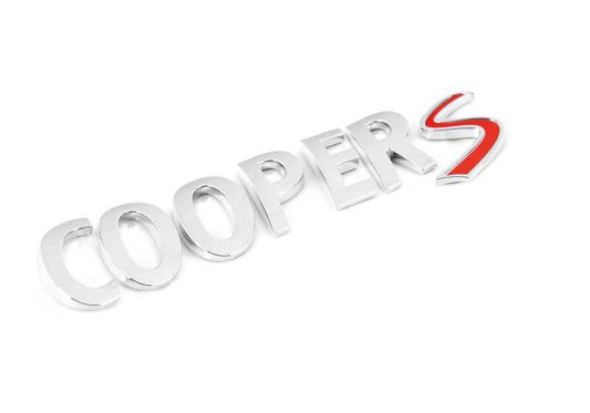 Inscripción "COOPER S" OEM 51142755618 para MINI R53, R56, F56, F55, Clubman, Cabrio, Countryman, Paceman... y más. Original MINI.