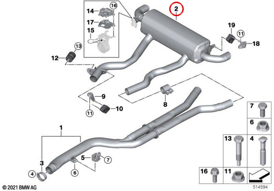 Rear silent with OEM exhaust valve 18309797989 for BMW G42. Original BMW.