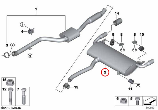 Silenciador adicional trasero OEM 18309846293 para BMW X4 G02 xDrive20d, xDrive20i... y más. Original BMW.
