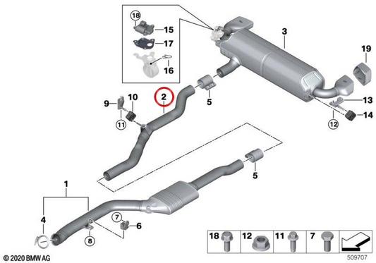 Tubo intermedio de escape OEM 18309884853 para BMW G30, G31. Original BMW.