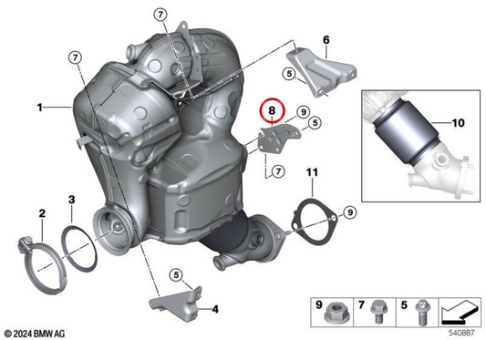 Katalysatorunterstützung in der Nähe des OEM 18327925998 Motor für BMW G20, G21, G22, G23, G26, G30, G31, G32, G12, G12, G14, G15, G16, G01, G02, G05, G06, G07. Original BMW.