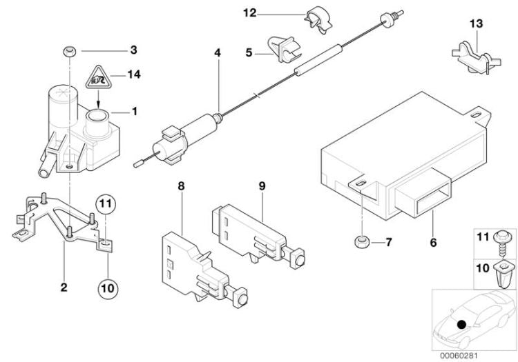 Placa de soporte y mecanismo de maniobra OEM 65718372829 para BMW Serie 5 E39 535i, 540i. Original BMW.