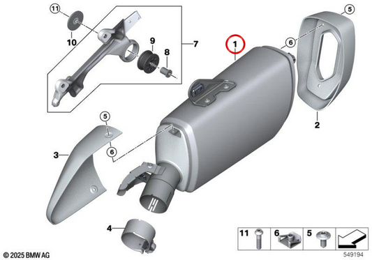 Silenziatore posteriore OEM 18517921813 per moto BMW R 1300 RT (K63). BMW Motorrad originale.