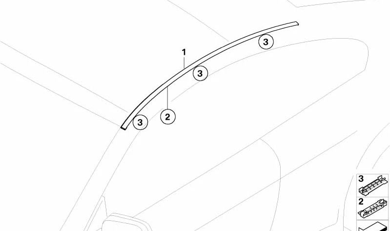 Moldura derecha del techo imprimada OEM 51137145190 para BMW E63 (630i con motor N52 y N53, manual y automático). Original BMW.
