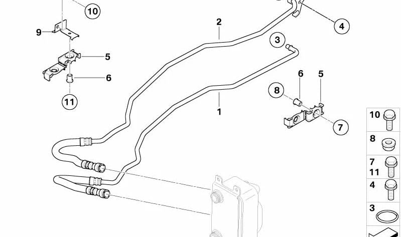 Tubería retorno radiador de aceite OEM 17227573107 para BMW E60, E60N, E61, E61N, E63, E63N, E64, E64N, E65, E66. Original BMW.