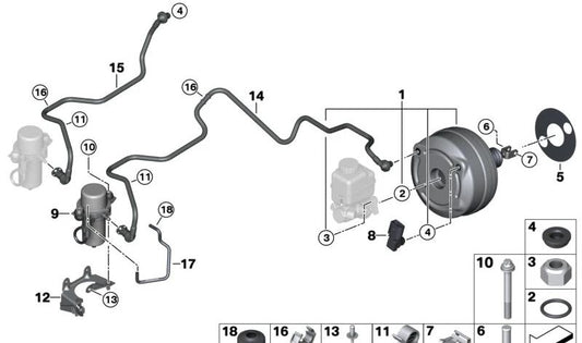 Soporte bomba de vacío OEM 34336855658 para BMW I12 e I15 (todos los modelos compatibles: I12 I01, I15 I01). Original BMW.