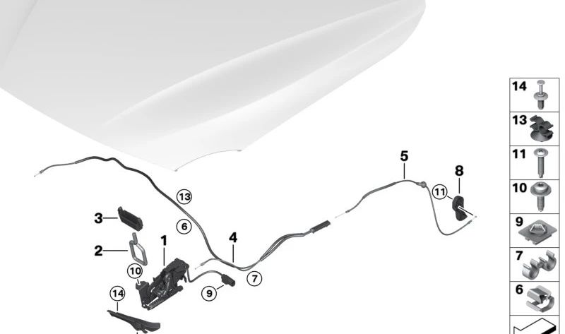 Cable Capó OEM 51237411315 for BMW F20, F21, F87, F30, F31, F34, F80, F32, F33, F36, F82, F83. Original BMW.
