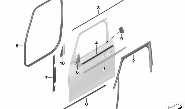 Guía de ventana puerta delantera izquierda OEM 51337322515 para MINI F55, F55 LCI, F65. Original MINI.