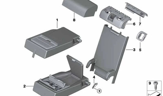 Reposabrazos trasero de piel OEM 52207353252 para BMW X5 F15 {sDrive25d, xDrive25d, xDrive28i, xDrive30d}. Color moka. Original BMW.