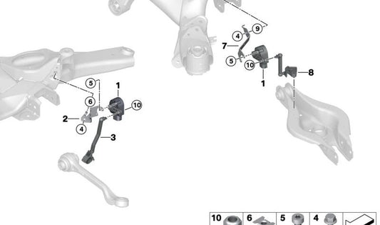 Soporte sensor de nivel trasero izquierdo OEM 37146895649 para BMW G28, G26 (incluye i3 eDrive35L, M50, eDrive40, i4 eDrive35). Original BMW.