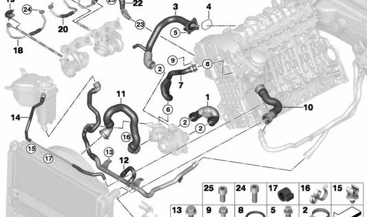 Retornar o aquecimento da mangueira ao termostato OEM 17127525869 para BMW E90, E90N, E91, E91N, E92, E92N. BMW original.