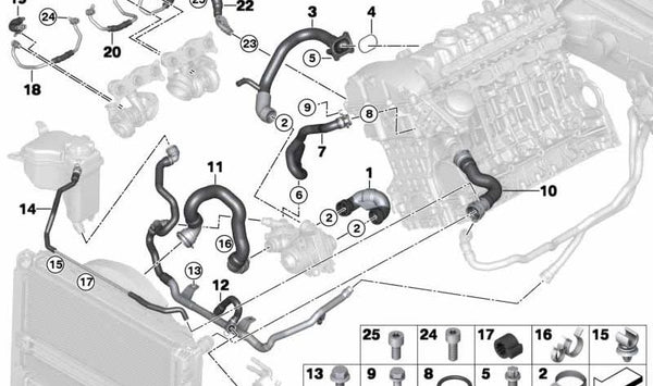 Manguera de retorno calefacción al termostato OEM 17127525869 para BMW E90, E90N, E91, E91N, E92, E92N. Original BMW.