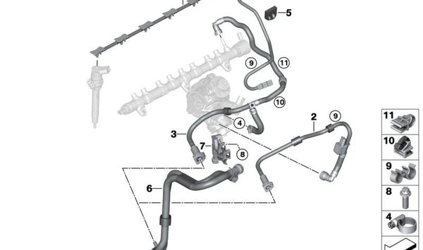Tubería de retorno de aceite OEM 13538477809 para BMW G60, G61, G70, G05, G06, G07. Compatible con motores diésel. Recambio original BMW.
