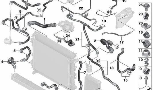 Manguera de refrigeración OEM 17128071760 para BMW X5 F95 y X6 F96. Conduce el refrigerante del radiador externo. Original BMW.