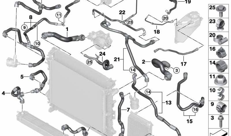 Manguera del radiador OEM 17128071759 para BMW X5 F95 y X6 F96. Tubo del sistema de refrigeración. Original BMW.