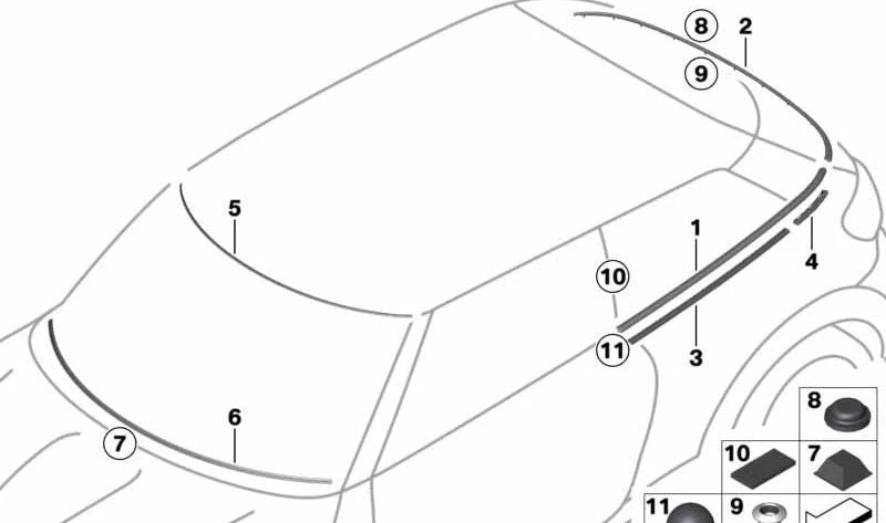 Listón de sujeción exterior derecho OEM 51379810485 para MINI Paceman R61 Cooper, Cooper D, Cooper ALL4… y más. Original MINI.