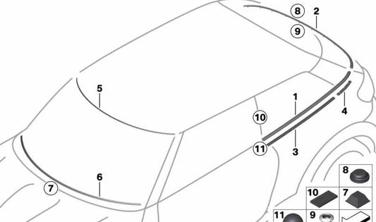 Listón de sujeción exterior derecho OEM 51379810485 para MINI Paceman R61 Cooper, Cooper D, Cooper ALL4… y más. Original MINI.