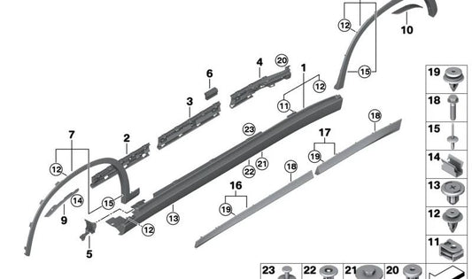 Faldón lateral derecho imprimado OEM 51778067688 para BMW F48, F48N. Tapacarrocería original BMW.