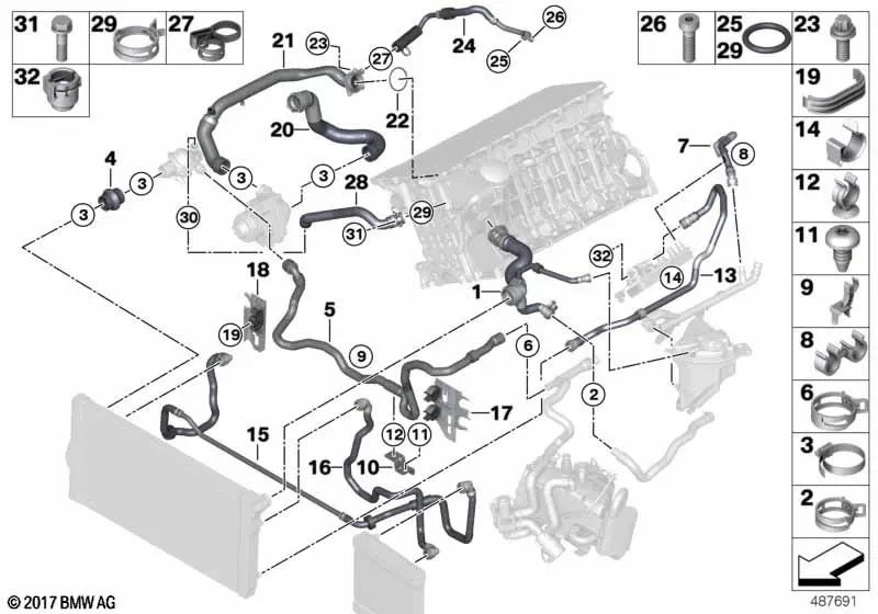 Manguera de refrigerante para BMW F07, F10, F11, F06, F12, F13, F01, F02 (OEM 17127600836). Original BMW.