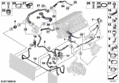 Manguera de refrigerante para BMW F07, F10, F11, F06, F12, F13, F01, F02 (OEM 17127600836). Original BMW.