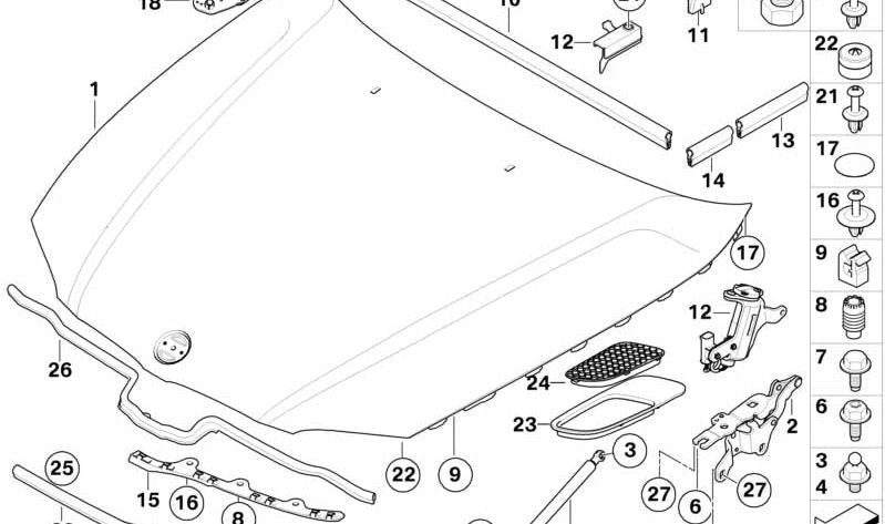 Rechte vordere Haubeverbindung für BMW 3 E90 -Serie, E91 (OEM 51237159608). Original BMW