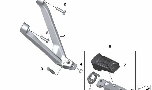 Soporte descansa-pies trasero derecho OEM 46718553846 para motos BMW S 1000 XR (K49). Original BMW Motorrad.