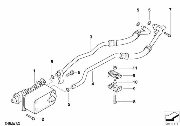 Tubería de refrigeración de aceite de admisión OEM 17227799752 para BMW Serie 5 E60, E61. Original BMW.