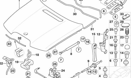 Soporte delantero capó OEM 51237023993 para BMW E65 y E66 (730d, 730i, 735i, 740i, 745i, 750i, 760i). Pieza original BMW.