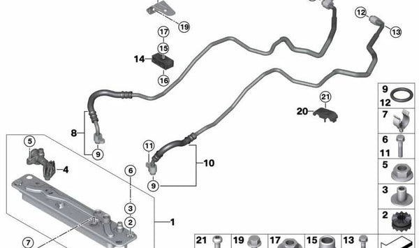 Tubo de aceite del radiador OEM 17227586437 para BMW X5 E70 3.0si (FE41, FE42) con motor N52K. Válido para modelos fabricados entre 2007 y 2010. Recambio original BMW.