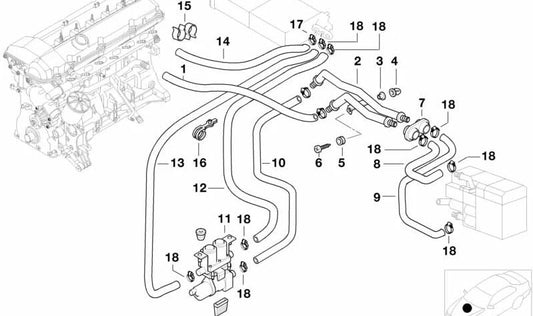 Manguera derecha de válvula de agua hacia radiador calefacción OEM 64216901251 para BMW E38. Repuesto original BMW.