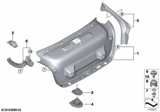 Left Trunk Hinge Cover for BMW F07, F10, F11, F06, F12, F13, F01N, F02N (OEM 51497383562). Original BMW.