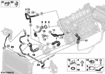 Conducción de fluido del motor a la bomba de refrigerante para BMW E82, E88, E90, E91, E92, E93, E84, E83N (OEM 11537535829). Original BMW