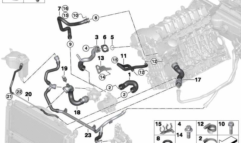 Manguera de retorno calefacción al termostato OEM 17127548225 para BMW E81, E82, E87, E88, E90, E91, E92, E93. Original BMW.