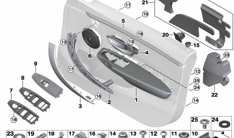 Camisa interior direita embelezada OEM 51417345082 para BMW F30, F30N, F31, F31N, F34, F34N, F32, F32N, F33, F33N, F36, F36N. BMW original.
