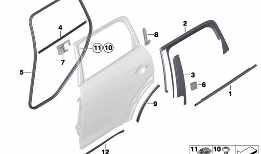 Estanqueizado puerta trasera derecha OEM 51359808048 para MINI Countryman R60 (2010–2016). Original MINI.