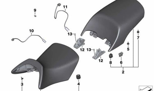 Sedile anteriore nero OEM 52537683644 per motociclette BMW R1200RT, R900RT. BMW MOTORAD originale.