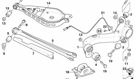 Brazo longitudinal derecho para BMW E83, E83N (OEM 33303420502). Original BMW
