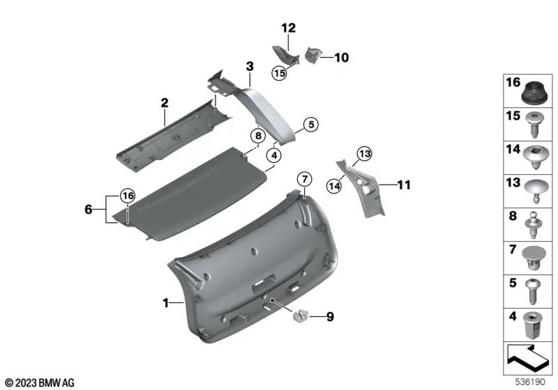 Couverture de charnière gauche pour BMW X4 F98, G02 (OEM 51499478615). BMW d'origine