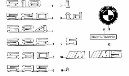 Emblema pegado trasero para BMW Serie 5 E34 (OEM 51141946165). Original BMW