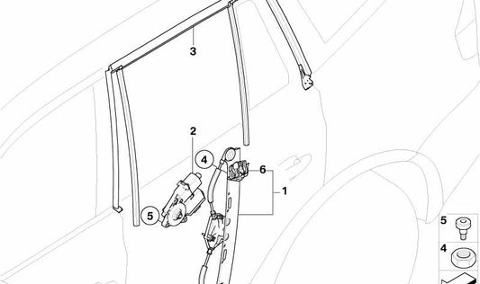 Guía para la ventana de la puerta trasera izquierda OEM 51353424495 para BMW X3 E83, E83 LCI. Original BMW.
