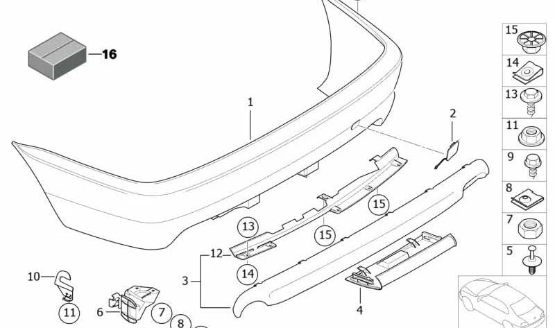 Paragolpes trasero imprimado OEM 51127893069 para BMW E46. Original BMW.