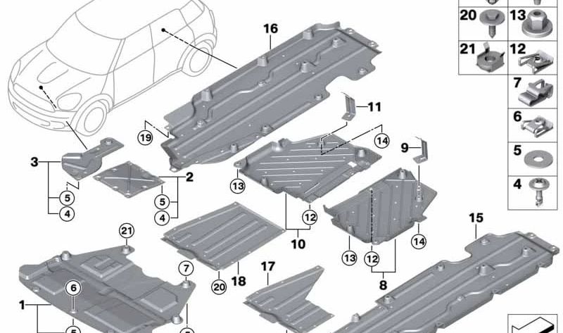 Cubierta inferior del motor OEM 51759800664 para MINI R60 y R61 (Cooper, Cooper D, Cooper S, Cooper SD, Cooper ALL4). Compatible con modelos fabricados entre 2010 y 2016. Original MINI.