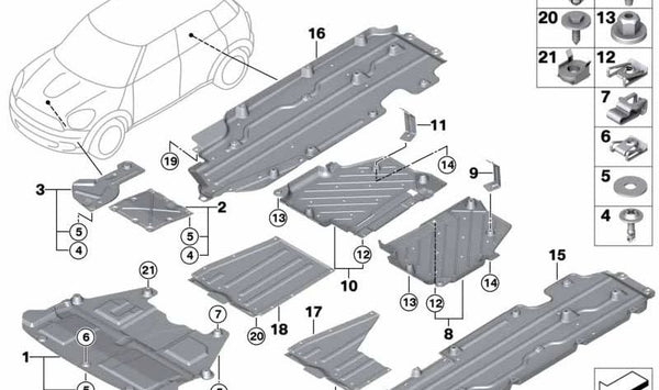 Cubierta inferior del motor OEM 51759800664 para MINI R60 y R61 (Cooper, Cooper D, Cooper S, Cooper SD, Cooper ALL4). Compatible con modelos fabricados entre 2010 y 2016. Original MINI.
